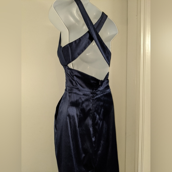 Blue satin cocktail mini dress criss cross low back with pockets - Picture 5 of 8